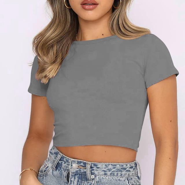 Jsaierl Hauts Courts Unis pour Femmes Été Col Rond T-Shirts à Manches Courtes Ajustés Classiques Polyvalents