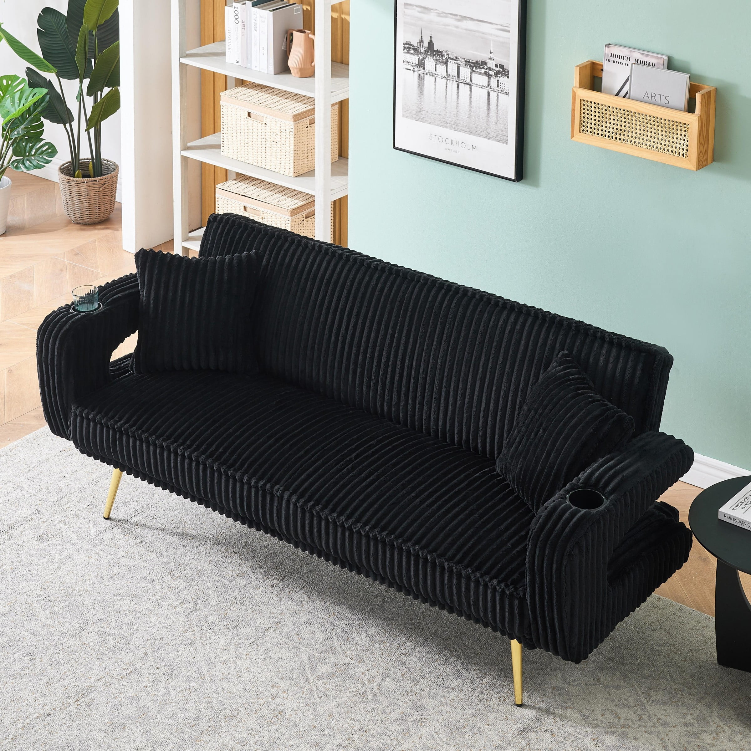 Corduroy Futon Sofa Bed with Pillows,74 inch Modern Convertible Loveseat Sleeper Bed with Adjustable Backrest for Living Room,Black