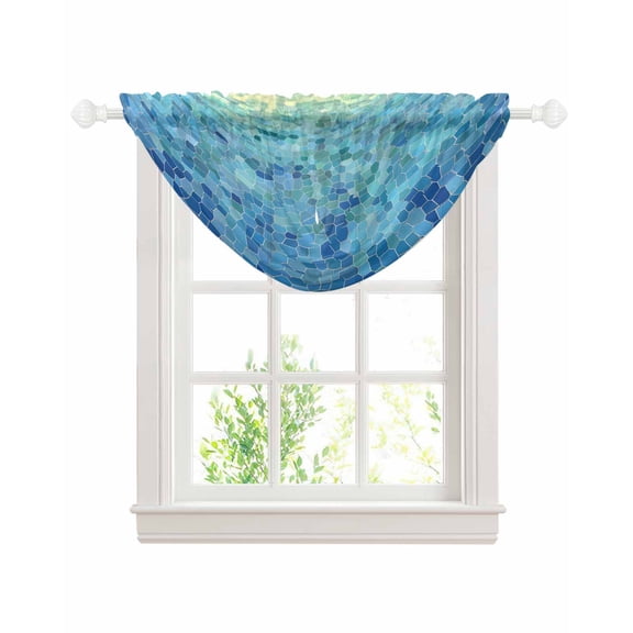 Turquoise Blue Teal Sheer Waterfall Valance Curtains for Window, Chic Stained Glass Texture Aesthetic Rod Pocket Sheer Topper Swag Curtains for Living Room, Kitchen 38.5"W x 47.2"L, 1 Panel