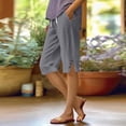 thumbnail image 2 of Bermuda Shorts for Women Linen Cotton Capri Knee Length High Waisted Side Split Long Shorts Button Casual Lounge Pants Gray M, 2 of 8