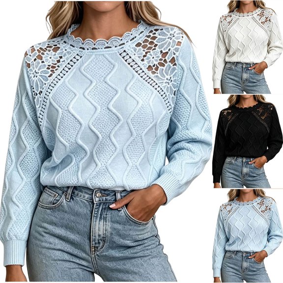ClodeEU Women's Lace Cutout Shoulder Knit Top,Long Sleeve Crewneck Casual Solid Pullover Sweater ,Women's Plus XL
