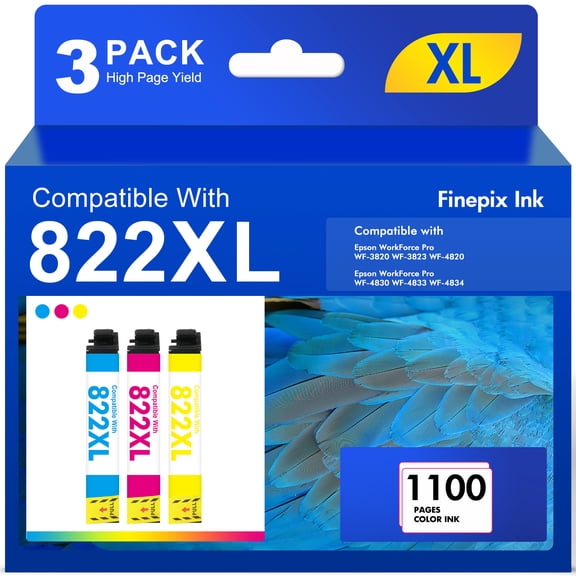 3 Pack 822 XL Ink Cartridges Compatible for Epson 822XL 822 Color Printer Ink for WorkForce Pro WF-3820 WF-4820 WF-4830 WF-4833 WF-4834 WF-3823 (Cyan, Magenta, Yellow)