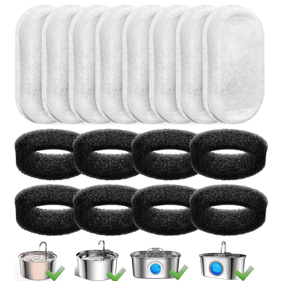 16pcs Replacement Cat Water Fountain Filters, Compatiable with FWMB Cat Water Fountain 108oz/3.2L and 135oz/4.0L, 8 Pack Filters & 8 Sponges Foam Filter