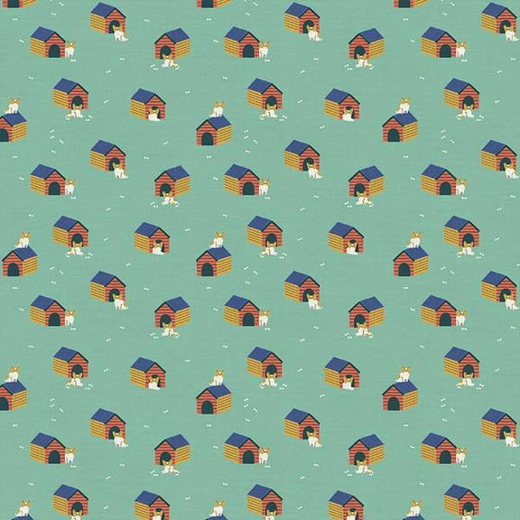 Dog House fabric, Best In Show Paintbrush Studio Dog Huts green cotton, Sold by the Quarter Yard