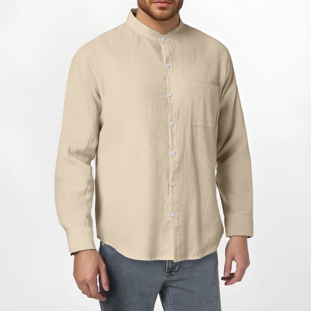 Chemises pour Hommes Mode Lin Col Montant Manches Longues Printemps et Automne Haut Décontracté Respirant avec Poche