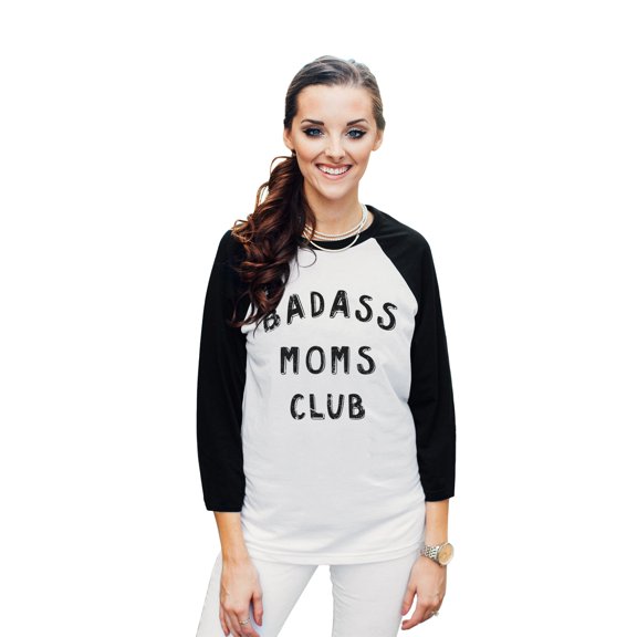 Badass MOMS Club Unisex 3/4 Sleeves Baseball Raglan T-Shirt Tee White Black X-Large