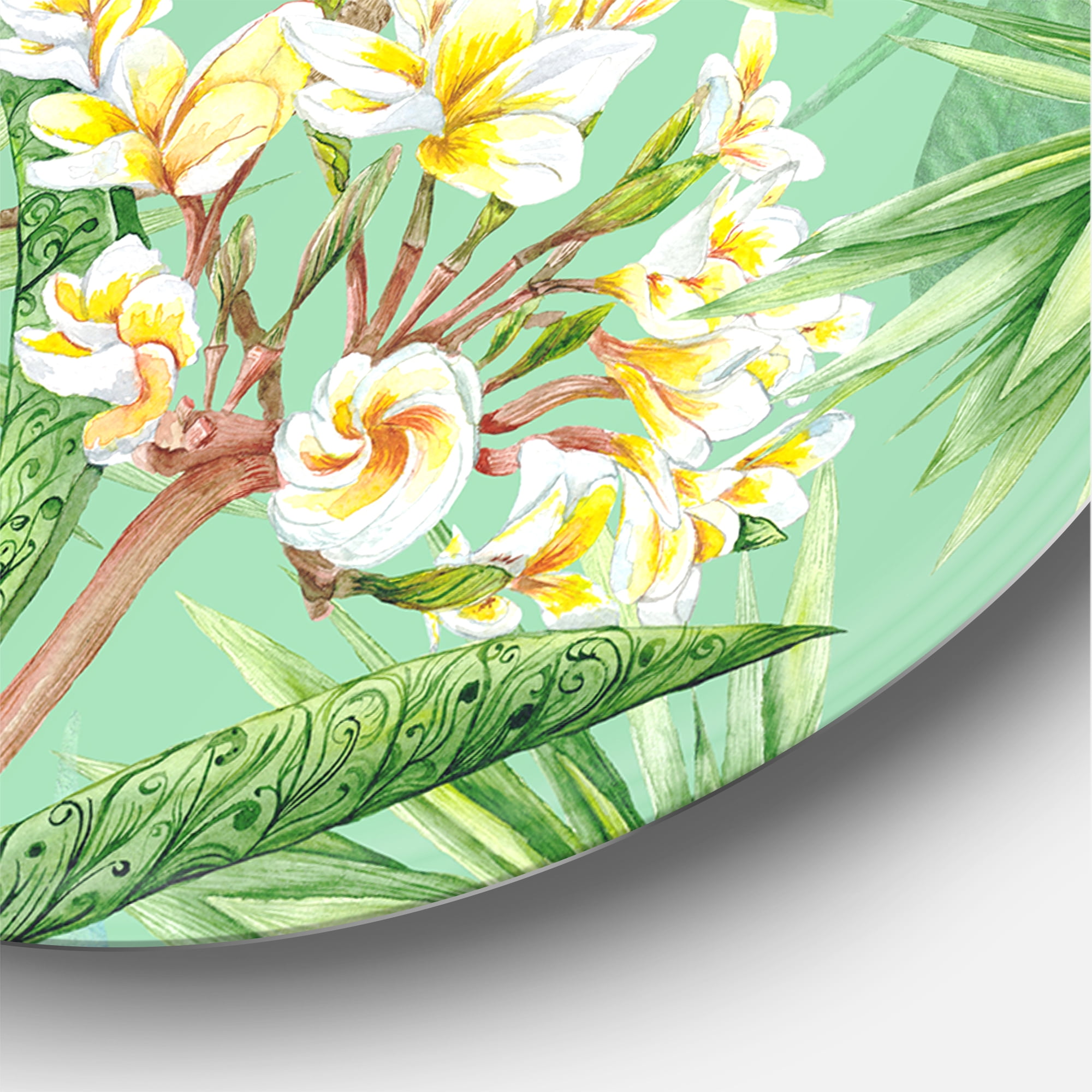Designart 'Yellow Flowers, Tropical Foliage With Flamingo V' Traditional Circle Metal Wall Art 36x36 - Disc of 36
