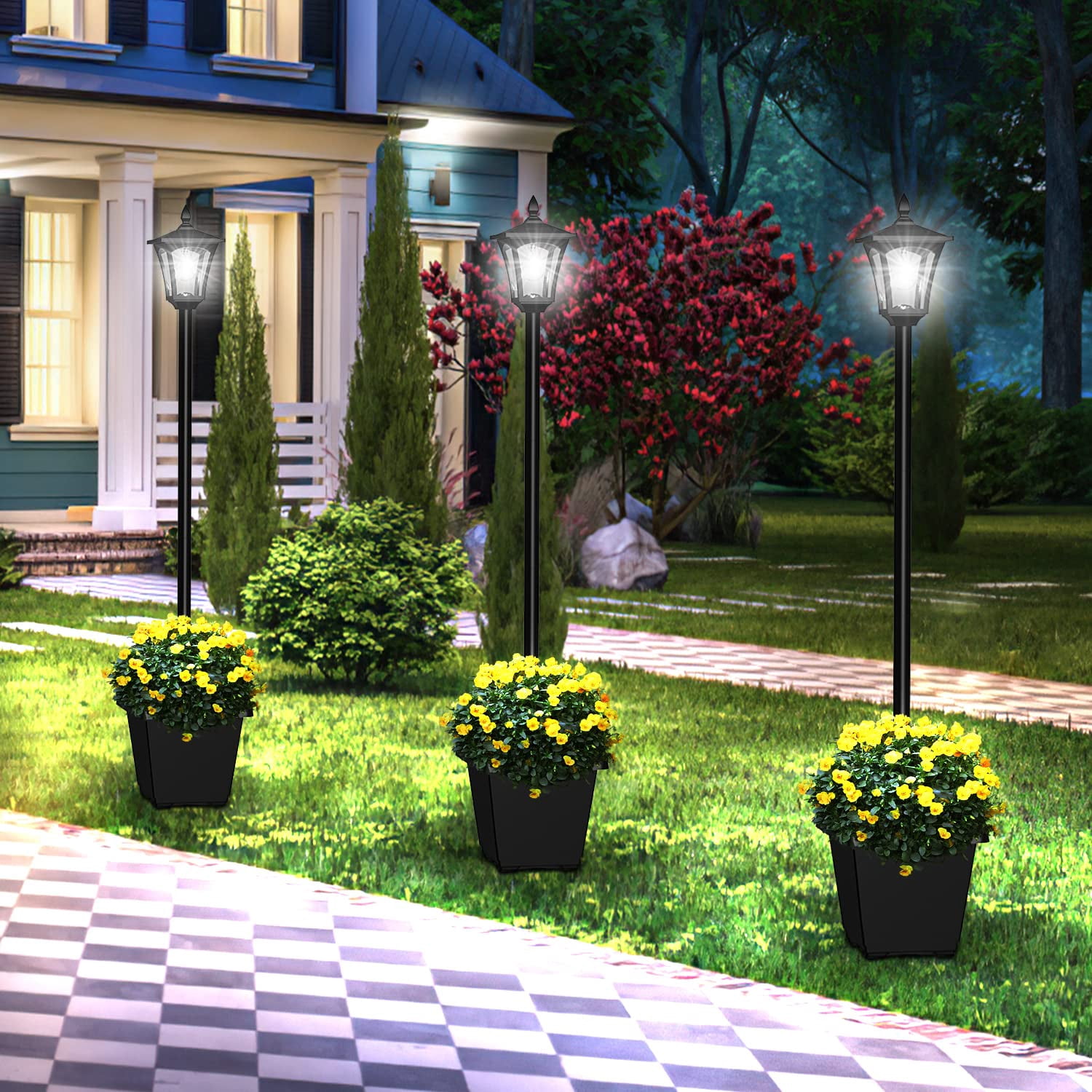 64" Solar Lamp Post Light with Planter, 60 Lumen Street Light Outdoor Waterproof, Outside Pole Lamp Dusk to Daw for Pathway, Garden, Driveway, Lawn, Front Back Door, 6000K Cool White