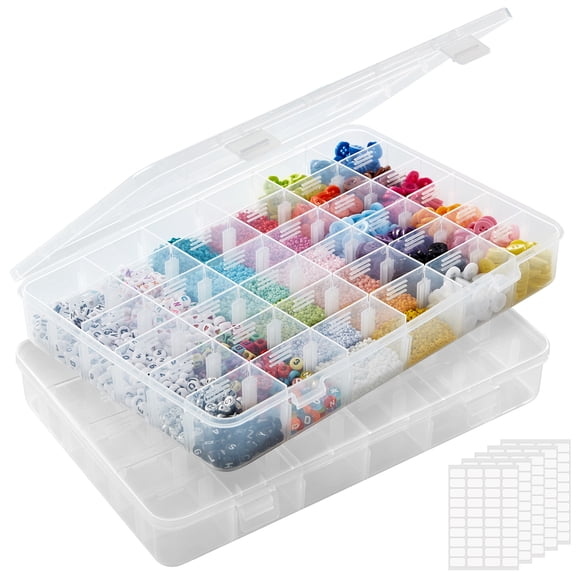 Norcho 2 Pack 36-Grid Clear Stackable Plastic Organizer Box with Adjustable Dividers, Craft Storage Container for Beads, DIY Supplies, Includes 5 Label Sheets