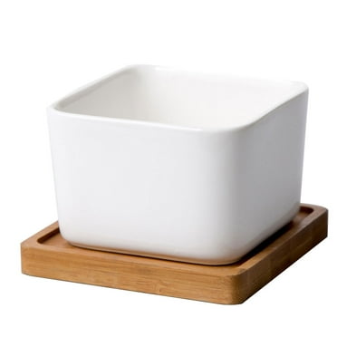 BERTDOMD Square Ceramic Flowerpot Durable Flower Pot Simple Planter Creative Ceramic Basin With Bamboo Tray for Succulent Plants Garden Home