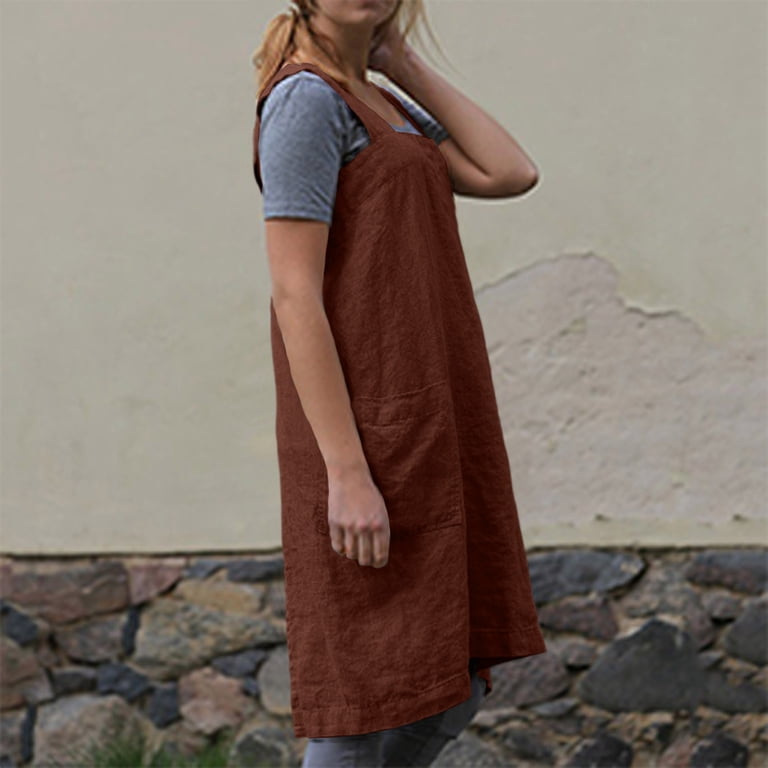cotton linen apron dress for Women With Pockets Cross Back Apron Pinafore for Baking Cooking Gardening Work Khaki M one sleeve gown LIKELY Westy Dress in Color:Tropic It is suitable for Apron cross