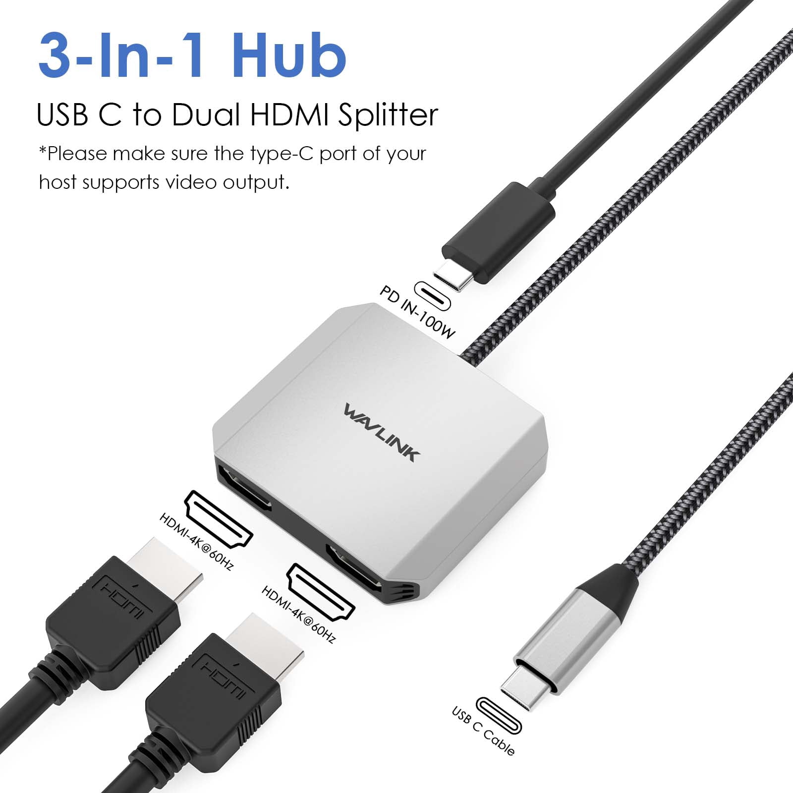 WAVLINK 4K@60Hz USB Hub, USB to Dual HDMI Adapter with 87W Charge for MacBook/Dell/HP/Lenovo Laptop