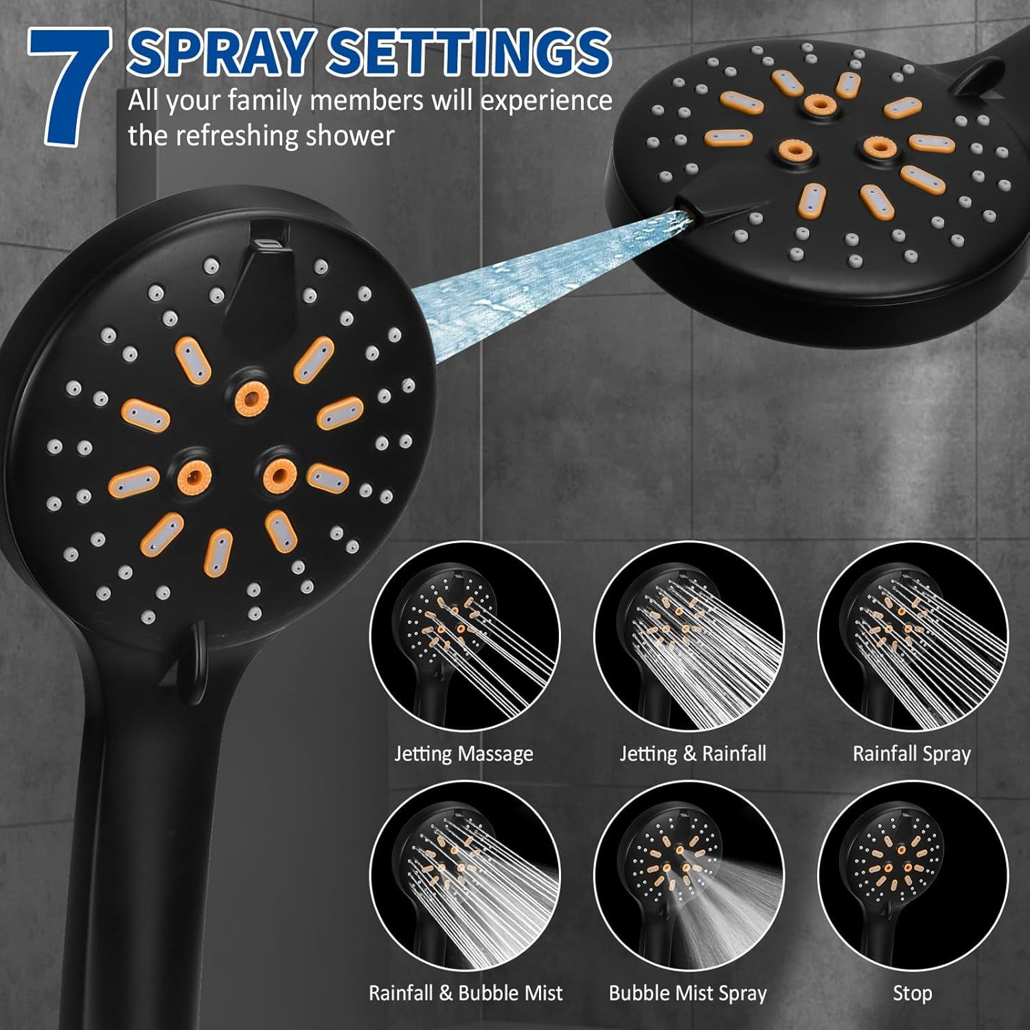 Dual Rain Shower Head with Handheld Spray Combo, 8.8 Inch High Pressure Showerheads Built-in Power Wash with 7 Spray Modes & Anti-Clog Nozzles, Easy Install Shower System for Hard Water, Black