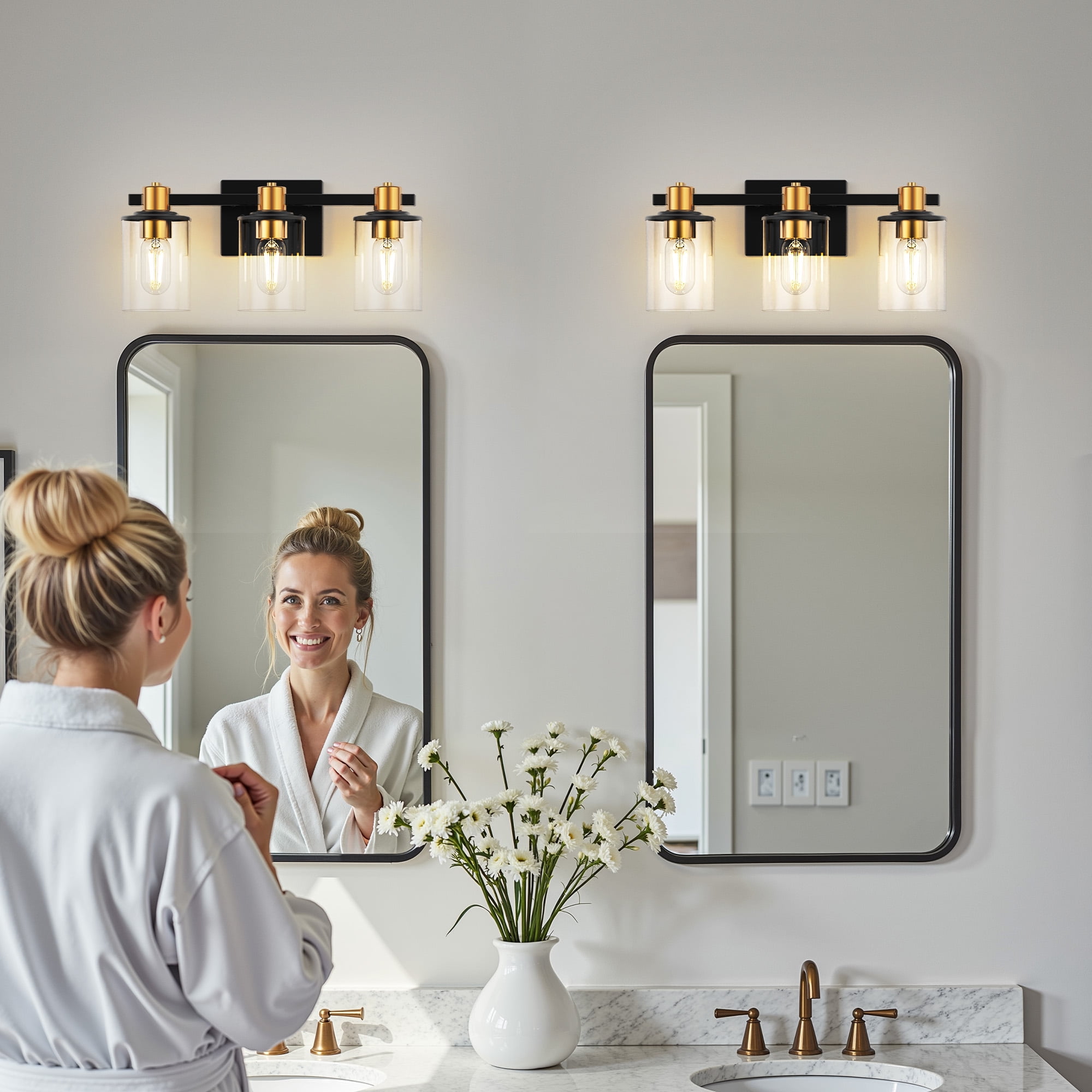 YANSUN 24.4 in 3-Light Black Gold Bathroom Vanity Lighting, Modern Fixture with Clear Glass Shades for Mirror, Vanity Lights for Bathroom Hallway Bedroom