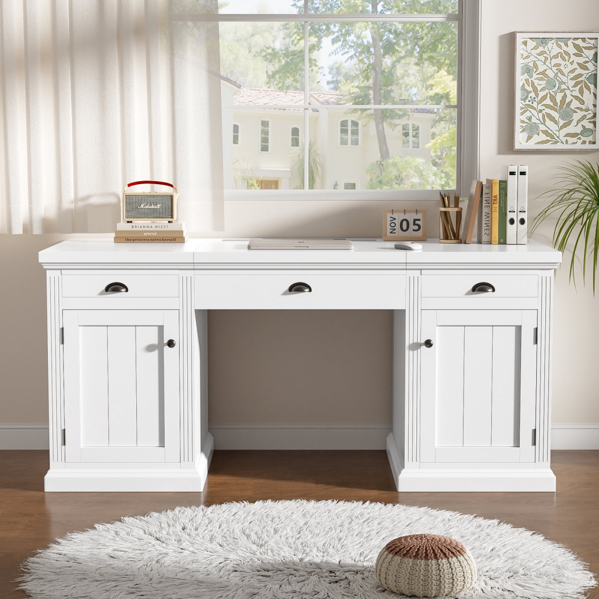 67" Modern Executive Desk,Computer Desk with 2 Wooden Doors Storage Cabinet and 3 Drawers,Reading Writing Table Workstation for Home Office, Living Room,Study,White