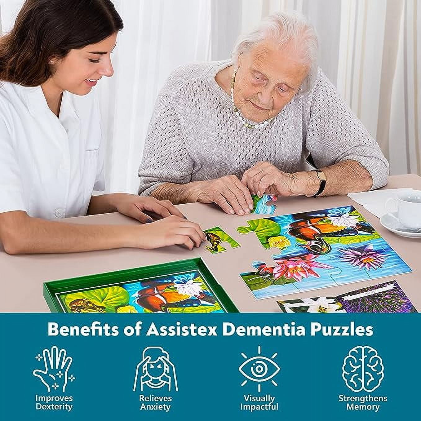 Assistex Dementia Jigsaw 12 Large Puzzle for Seniors - Alzheimer's Activity for Adults with Conversation Prompts - Best Memory Game for Patiens in Nursing Home - Build in Box Activities for Elderly