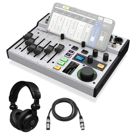 Behringer FLOW 8 8-Input Digital USB Audio Mixer, Bundle with Turnstile Audio TAPH100 Headphones and Cable