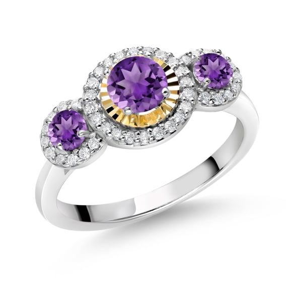 Gem Stone King 0.66 Ct Round Purple Amethyst 925 Silver and 10K Yellow Gold 3 Stone Women's Lab Grown Diamond Ring (Size 7)