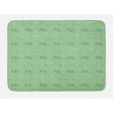 Bicycle Bath Mat, Rhythmic Motifs of Bikes on Pastel Tone Backdrop Illustration, Plush Bathroom Decor Mat with Non Slip Backing, 29.5" X 17.5", Pale Green Dark Lavender, by Ambesonne