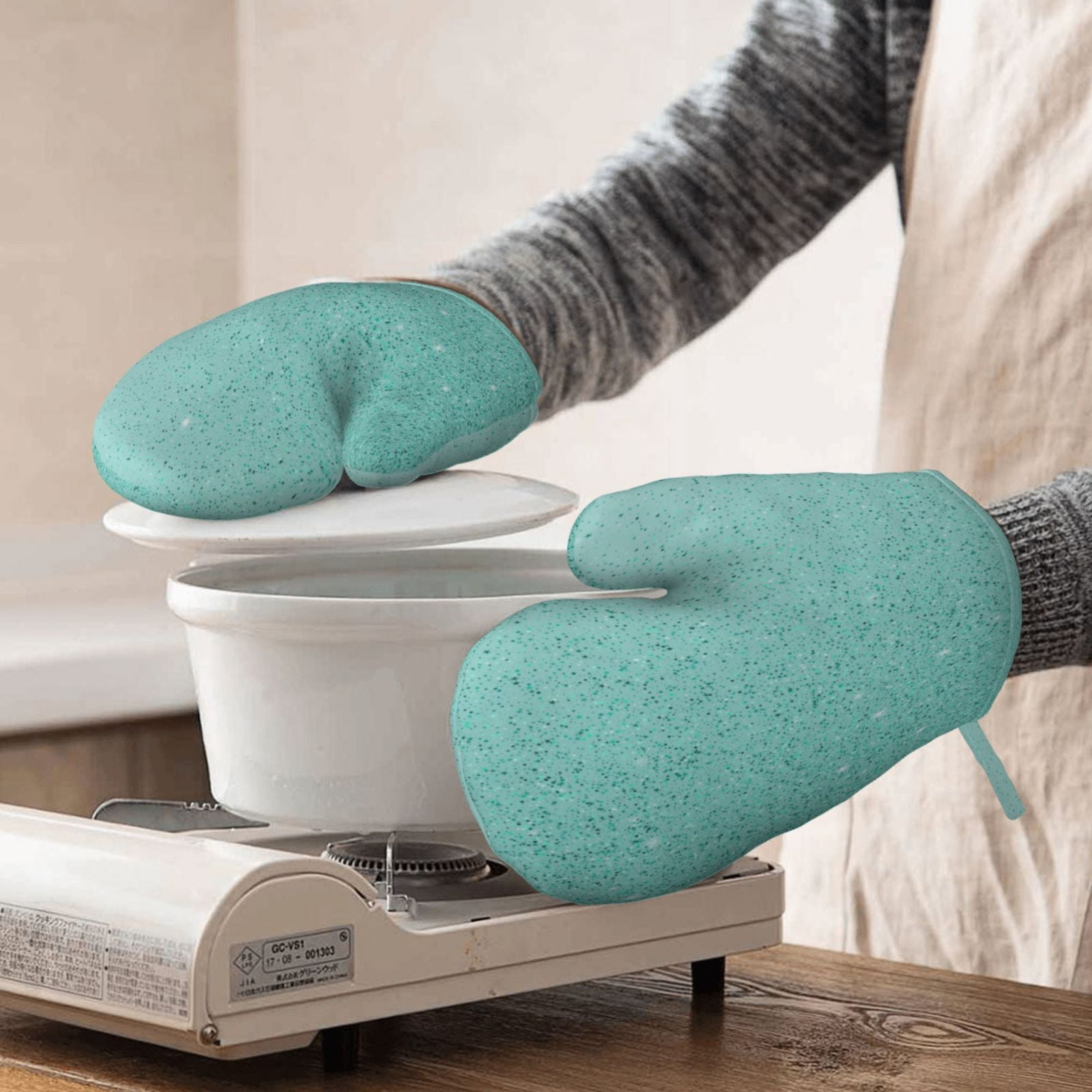 Hirioo Teal Turquoise Glitter for Silicone Oven Mitts for BBQ, Baking, Cooking, Set of 2, Heat Resistant 260℃, Non-Slip Kitchen Essentials