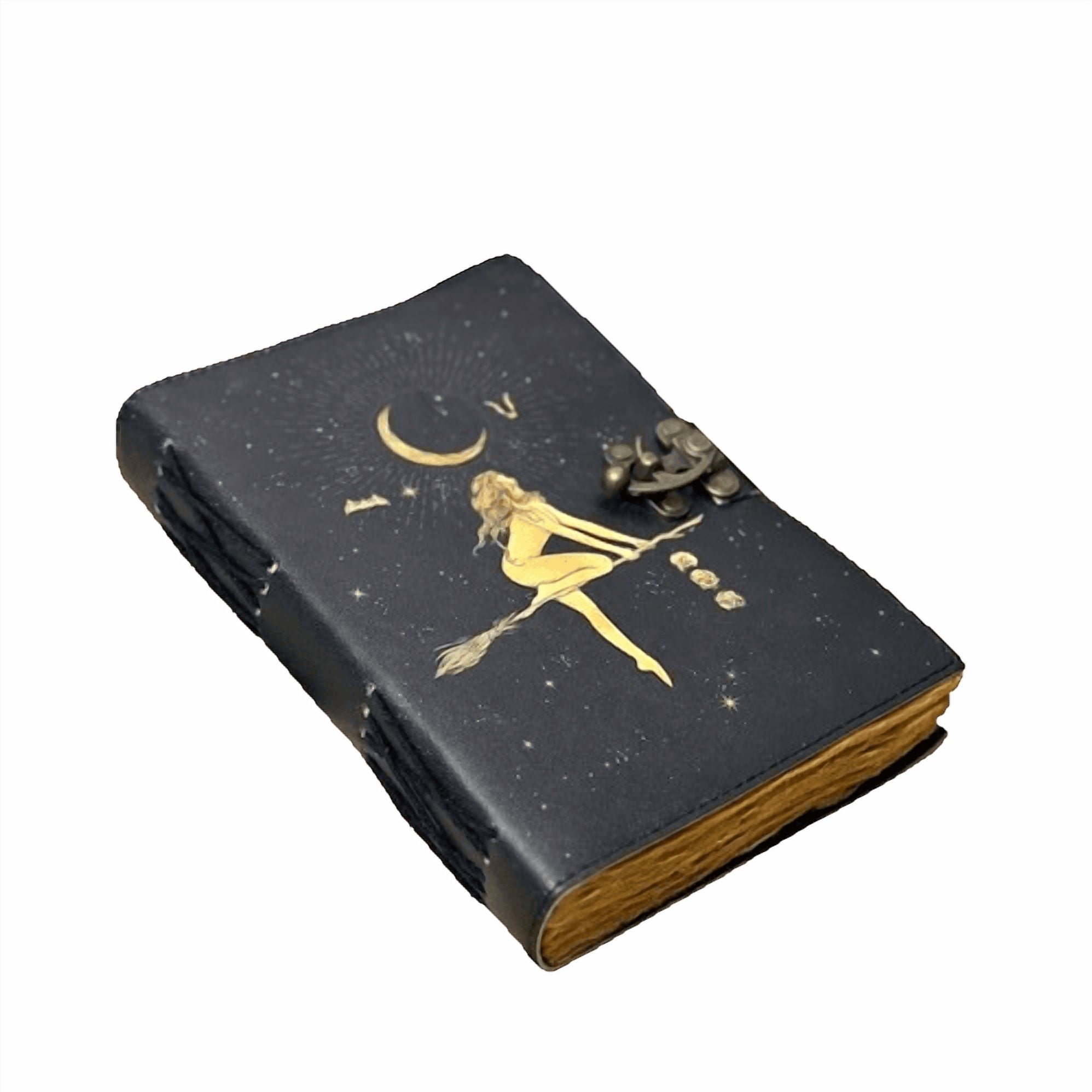 Witch-Themed Leather Journal, 5x7 Inch Notebook with Moon & Broom Design, 200 Handmade Paper Pages, Vintage Locking Diary for Writing & Sketching