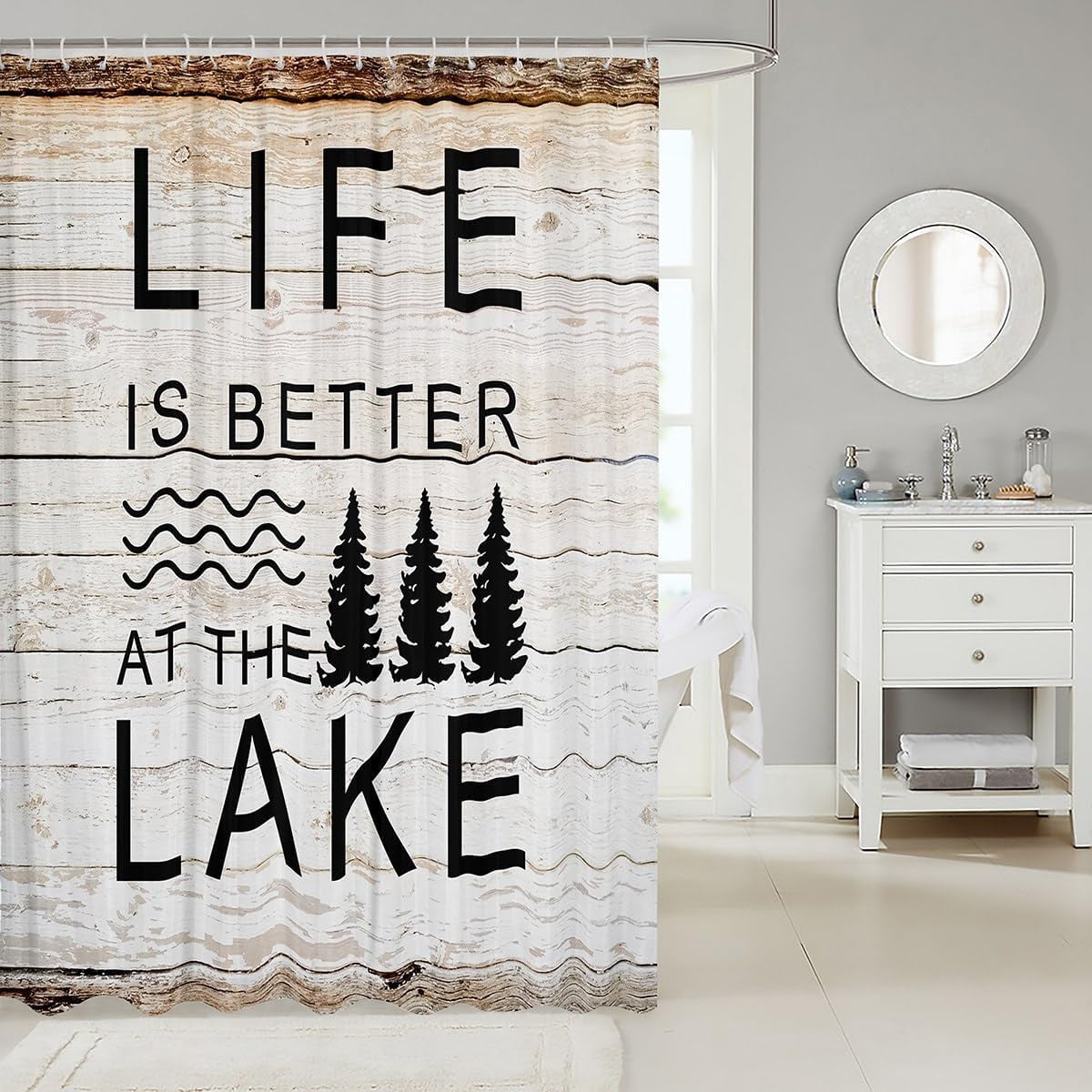 Lake Life Shower Curtain Trees Silhouette Bathroom Shower Curtain Set for Kids Adult Happy Camping Bath Curtain Brown and Black Waterproof Curtains Room Decor 72 x 72 Inch