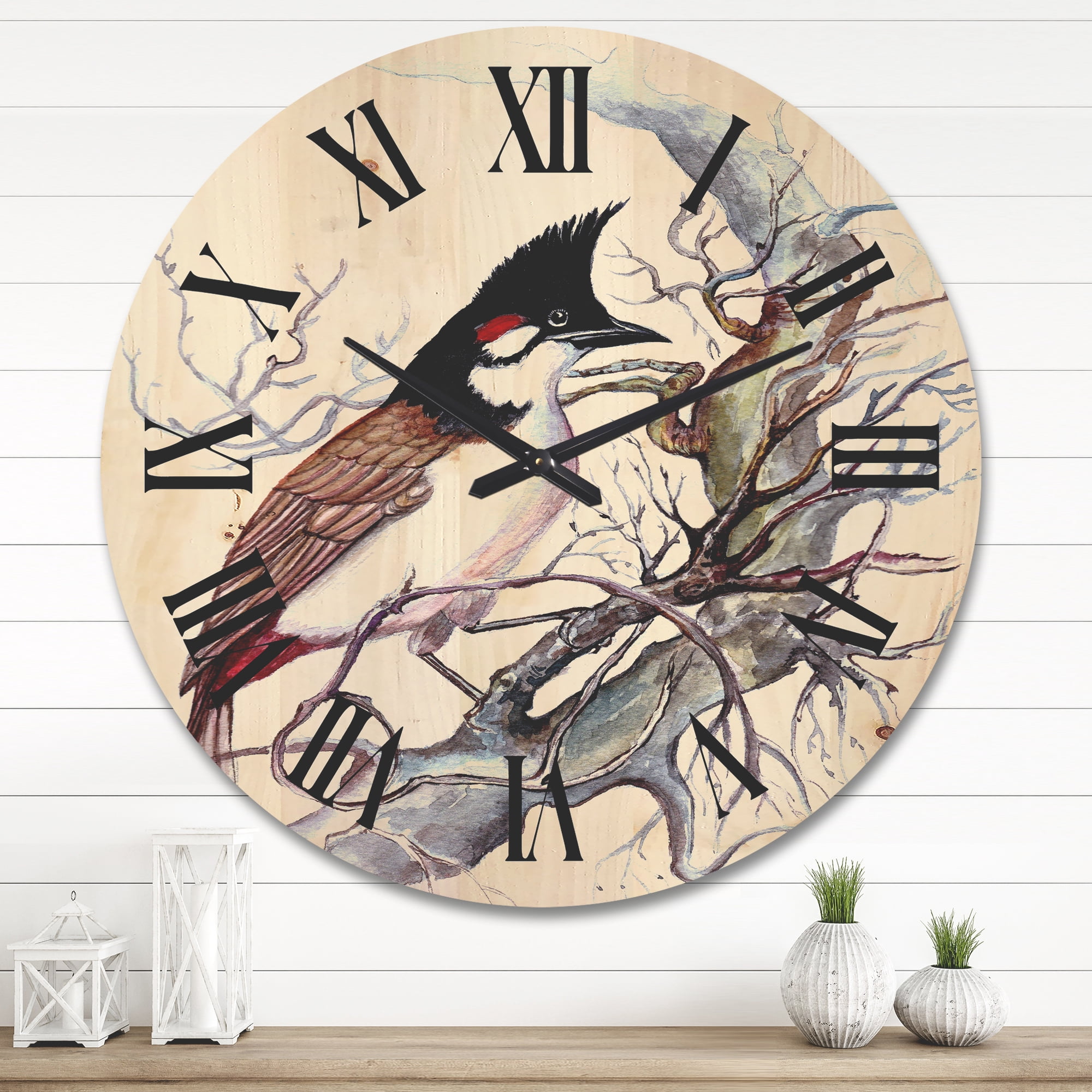 Designart 'Ancient Beautiful Bird On A Branch' Traditional Wood Wall Clock
