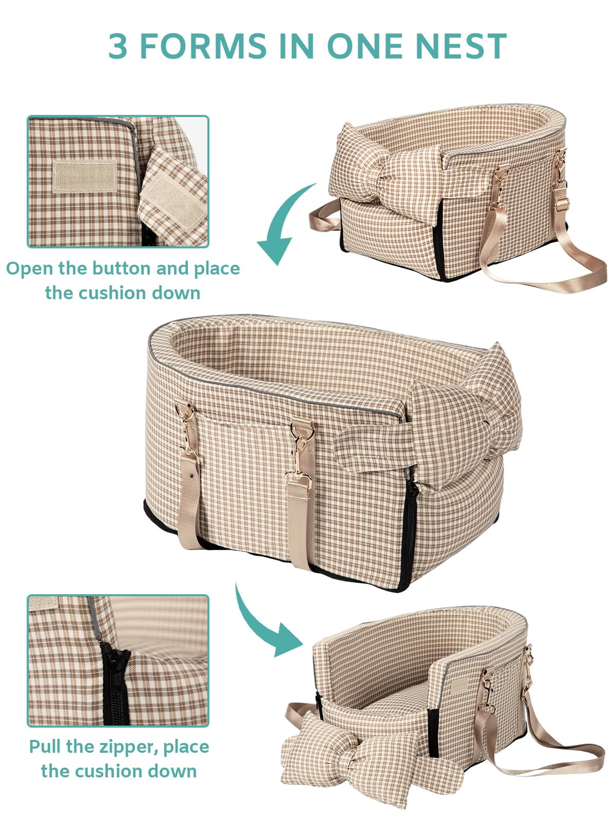 Dog Car Seat For Small Dogs Center Console Puppy Anti-collapse Pet With Soft Cushion Safety Belt  Portable Armrest & Cat Under 15 Lbs (grid-brown)