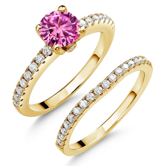 Gem Stone King 18K Yellow Gold Plated Silver Pink Created Sapphire and White Moissanite Wedding Engagement Band Bridal Set Ring for Women | 1.49 Cttw | Available in Size 5, 6, 7, 8, 9