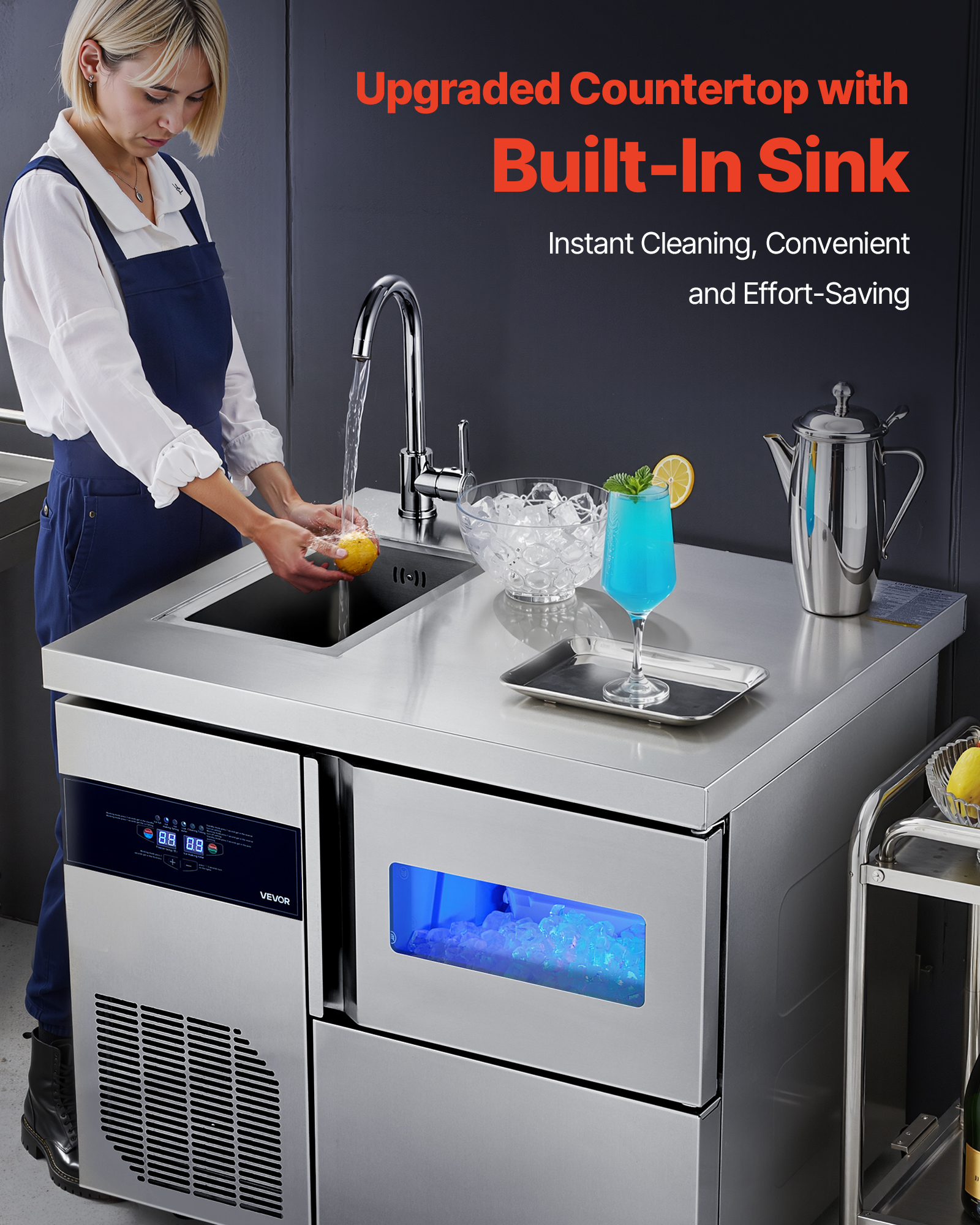 VEVOR Commercial Ice Maker Machine, 132 lbs/24H Stainless Steel Worktop Ice Machine with Sink, 30 lbs Storage & 70 Cubes/Cycle, Self-Cleaning Freestanding Ice-Making for Home Bar Restaurant Kitchen