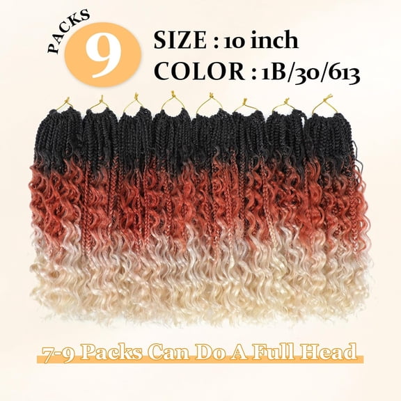 WEIF-Goddess Box Braids Crochet Hair 10 Inch Boho Crochet Box-Braids With Curly Ends, 9 Packs Bohomian Box-Braid Crochet-Hair For Black Women Pre Looped Box Braiding (10Inch,1B/30/613)