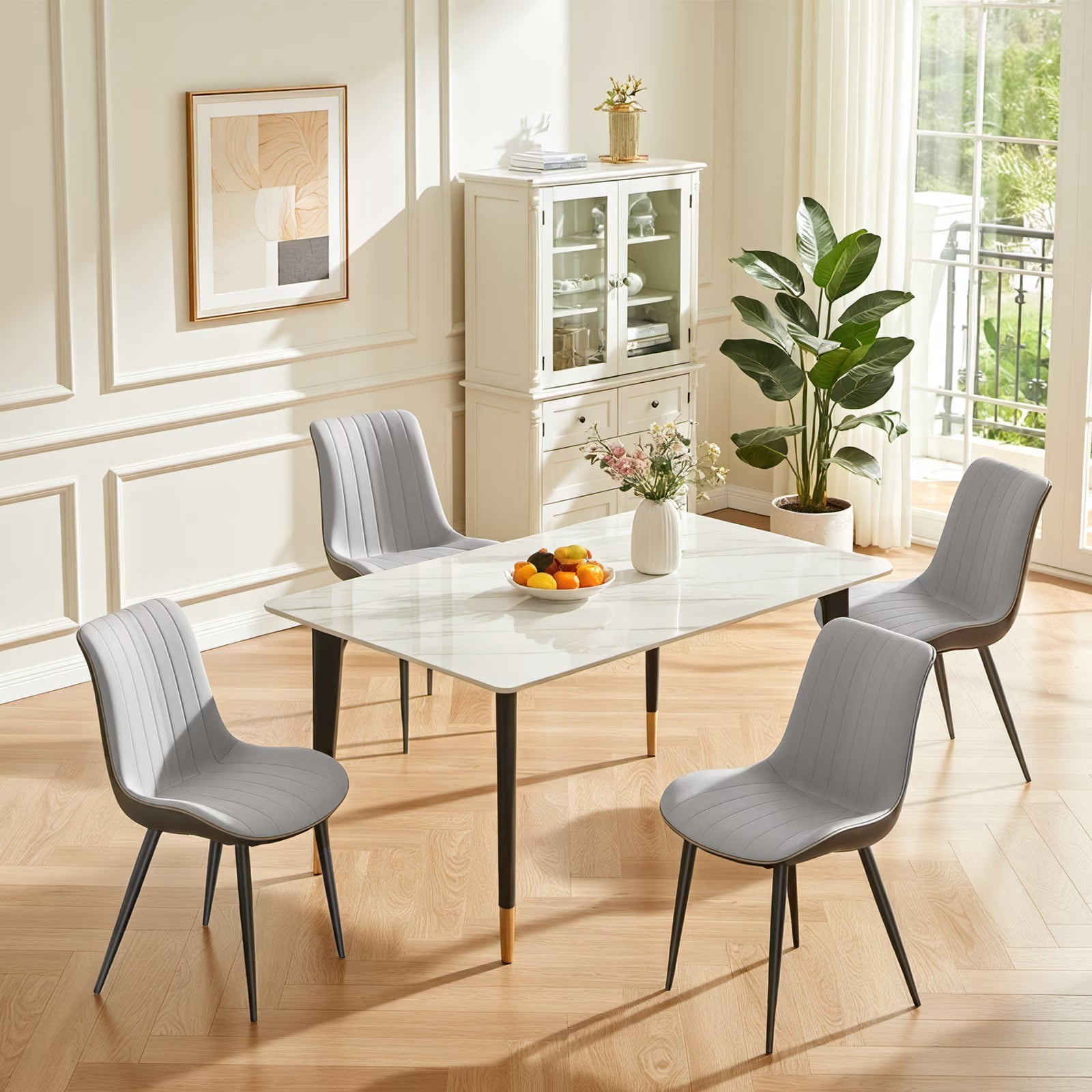PU Leather Dining Chairs Set of 6, Light Grey & Dark Grey Wave Pattern Upholstered Kitchen Chairs with Metal Legs, Modern Armless Side Chairs for Dining Room, Restaurant, Living Room