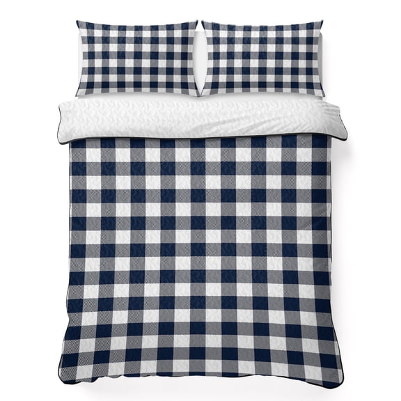 Pastoral Style 3 Piece Quilt Bedding Set with 2 Pillow Shams, Dark Blue Lattice Lightweight Bedspread Coverlet, Soft Breathable All Season Quilt, 68 x 86 Inch