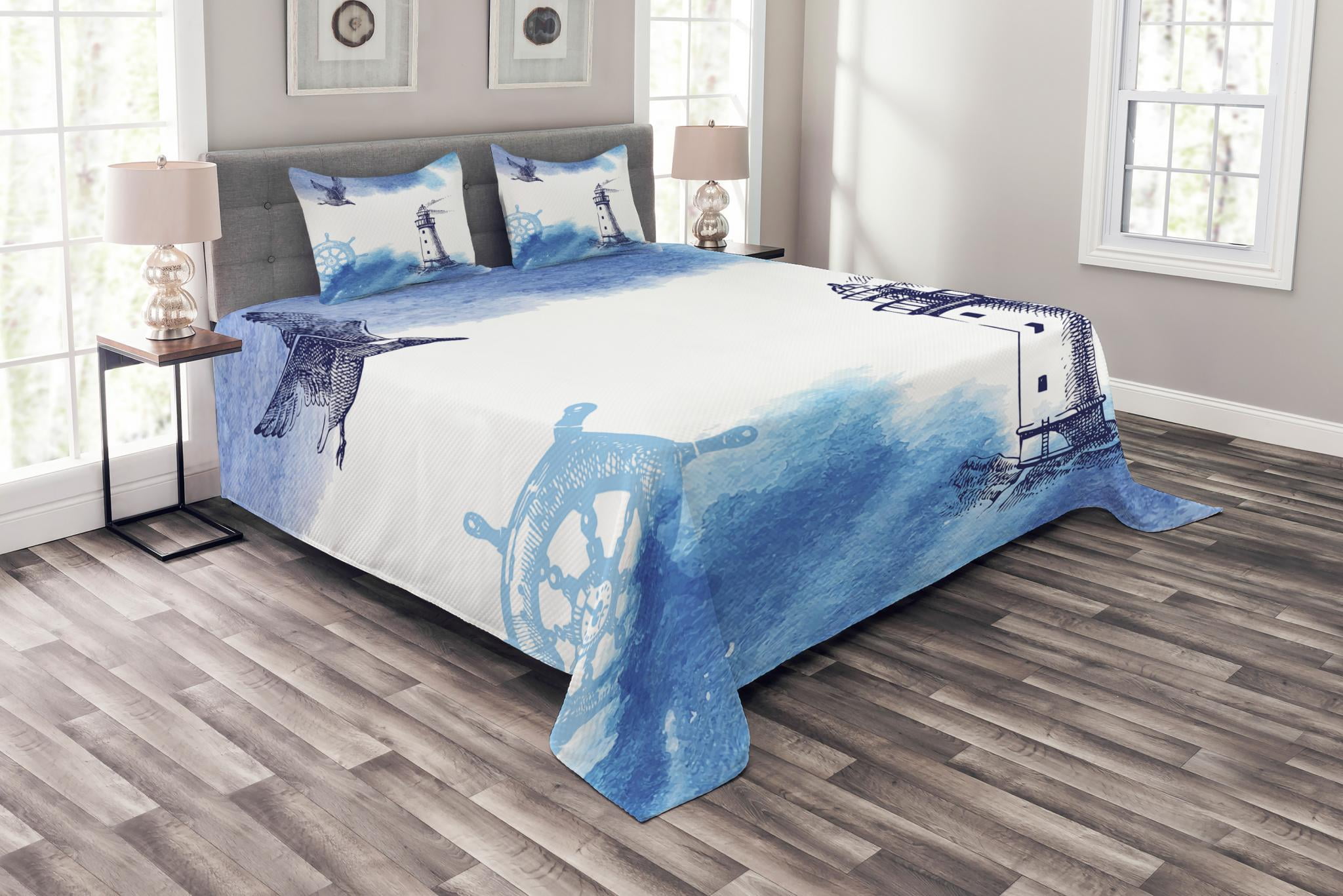 Lighthouse Bedspread Set Queen Size, Nostalgic Watercolors with Gull