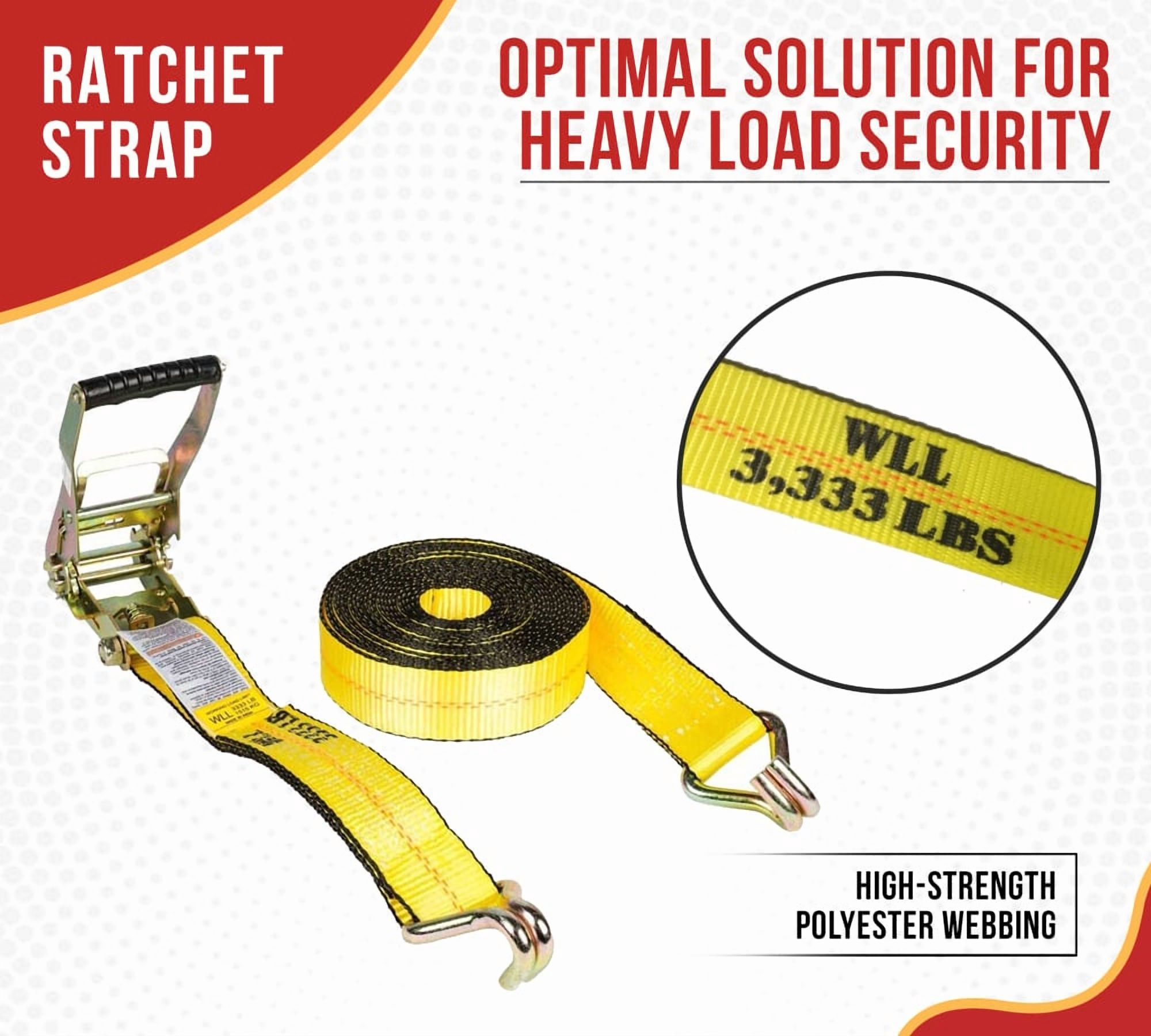 (4 Pack) 2 Inch x 30 FT Yellow Ratchet Strap with J Hooks - 10,000 Lbs Breaking Strength - Heavy Duty Tie Down Cargo Truck Straps with Wire Hooks for Flatbed, Truck, Trailers Pickup