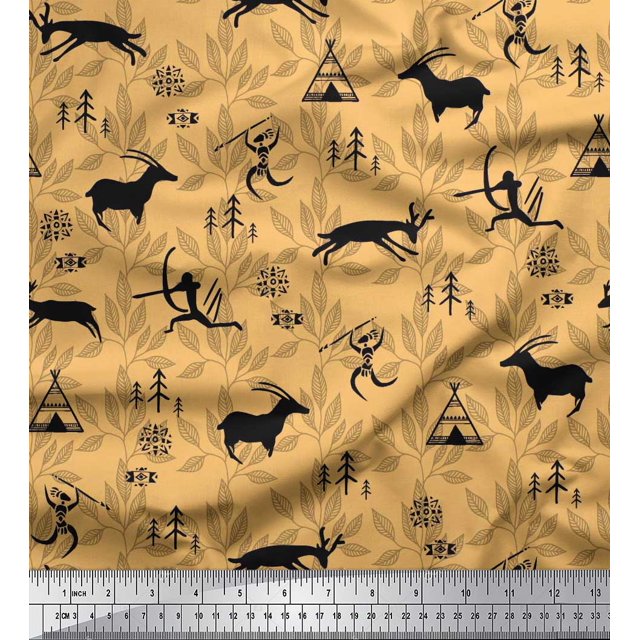 Soimoi polyester Crepe Fabric Reindeer,Tent & Human African Fabric Prints By Yard 42 Inch Wide