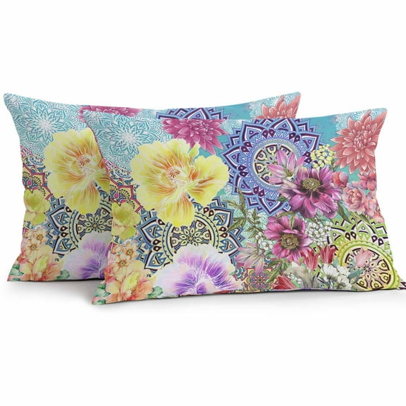 Lumbar Pillow Covers 12 x 20 Inches, Bohemian Mandala, Waterproof Throw Pillow Cover Set of 2, Vintage Colorful Boho Floral Chic Ethnic Decorative Rectangle Cushion Covers for Patio/Tent/Couch/Garden
