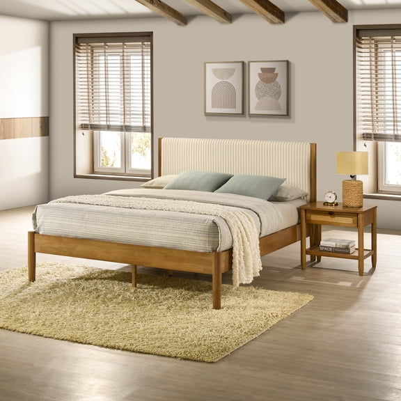 Roundhill Furniture Vichy 2-Piece Rubberwood Bedroom Set with Corduroy Upholstered Queen Bed and Nightstand