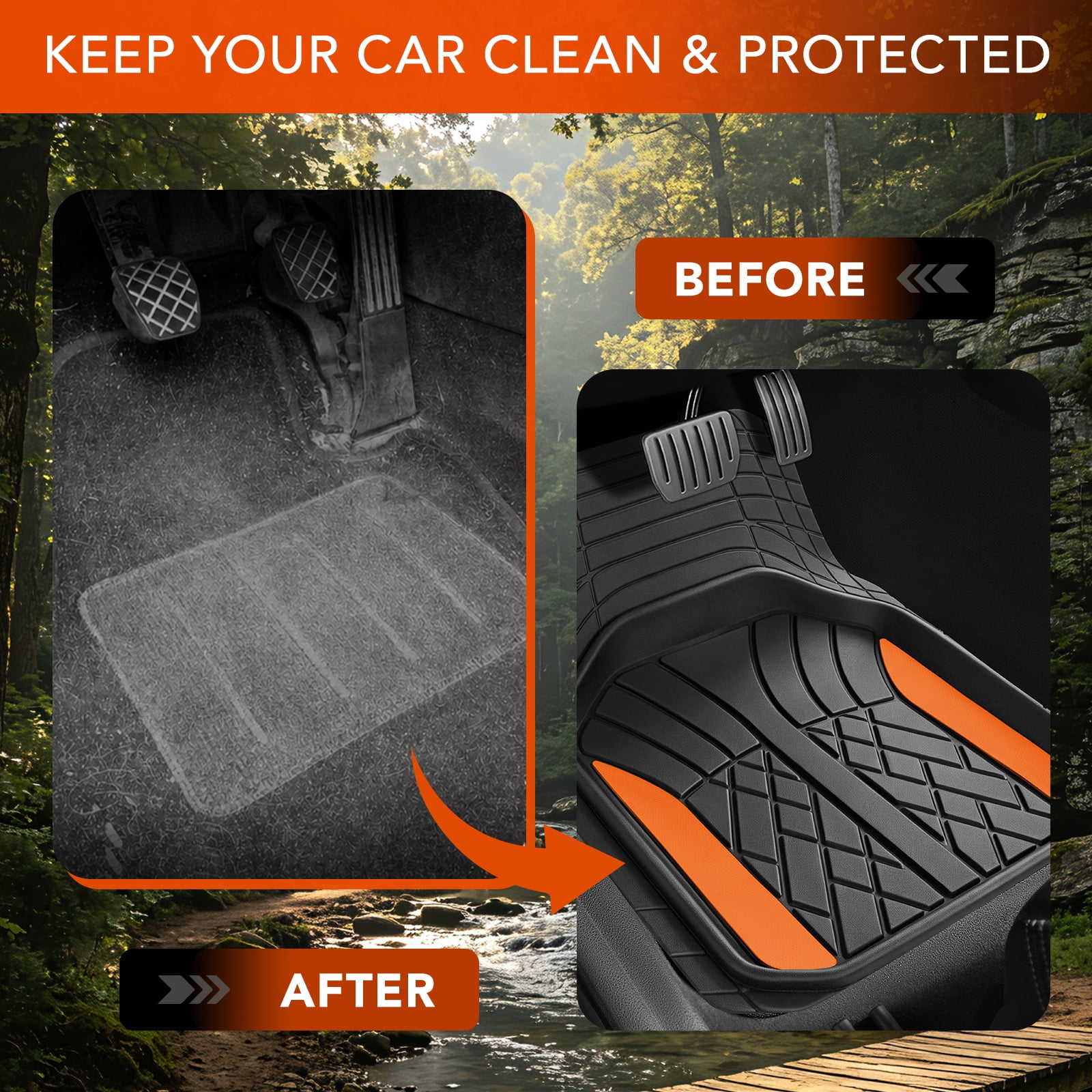 Ozark Trail Rubber Car Floor Mats, Heavy Duty Rubber Floor Mats, Injection Molded Aluminum Film, Trim-to-Fit All Weather Mats, Waterproof Easy-Clean Front and Rear Interior Protection, 3 Piece Orange
