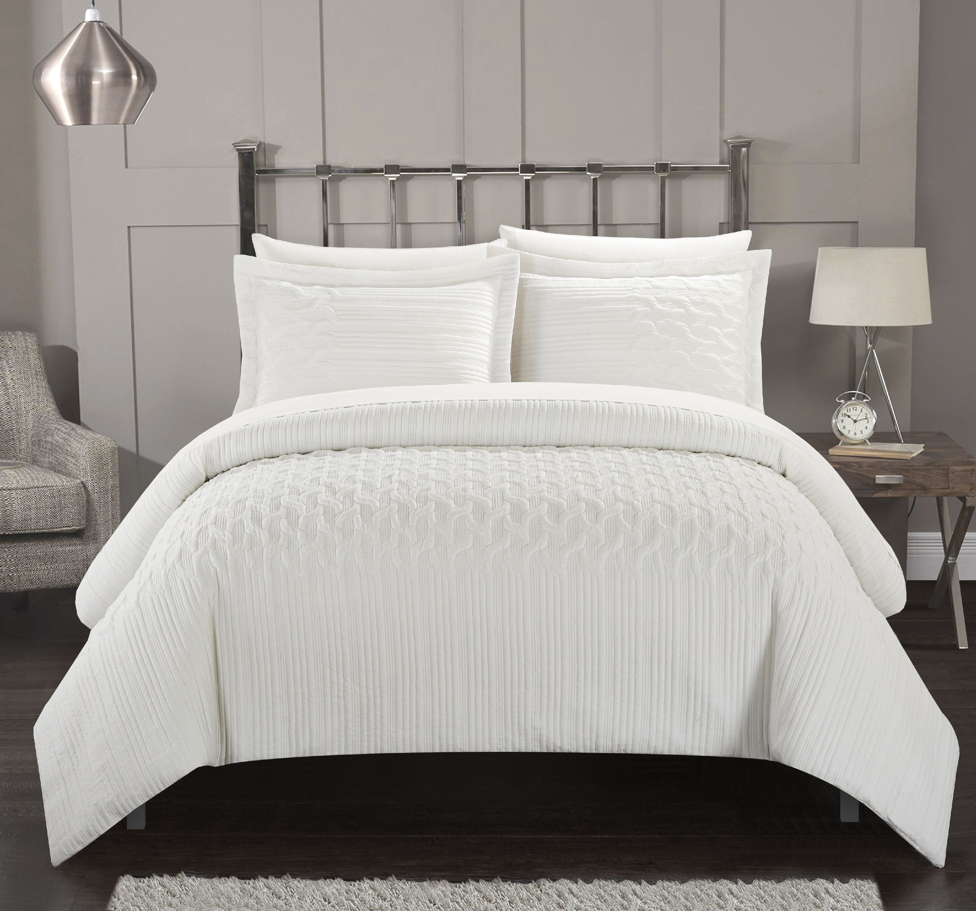 Chic Home Jas 7 Piece Solid Embossed Design Comforter Set Queen White