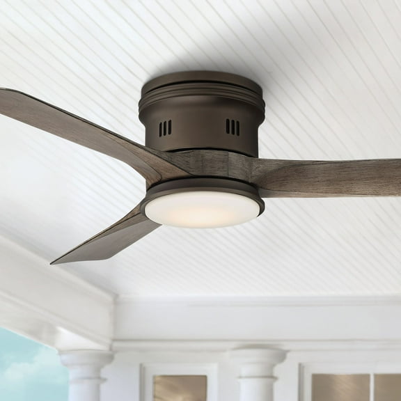 54" Casa Vieja Modern Hugger Low Profile Indoor Outdoor Ceiling Fan with Light LED Remote Bronze Wood Opal Glass Damp Rated Patio