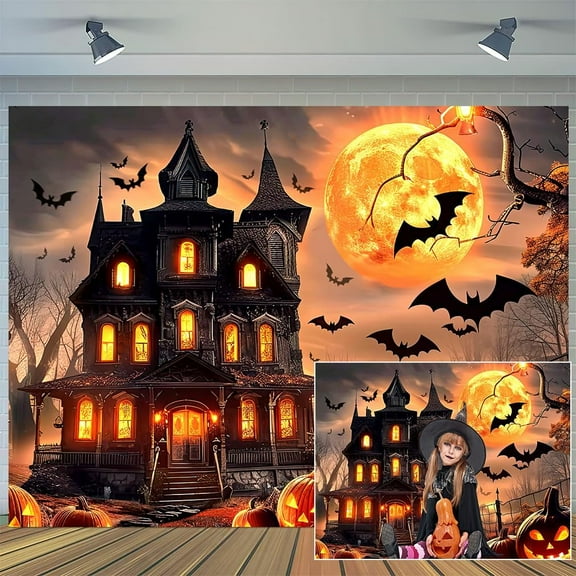 7 x 5 ft Halloween Full Moon Scary Night Castle Pumpkin Lantern Photography Backdrop Haunted House Hallowmas Spooky Bats Cemetery Child Kids Party Banner Background Decorations Photoshoot Backdrop
