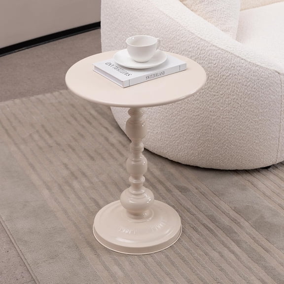 Vintage Metal Coffee Table, Round Cream White Side Table for Sofa or Bedside, Accent End Table for Small Space Living Room Bedroom