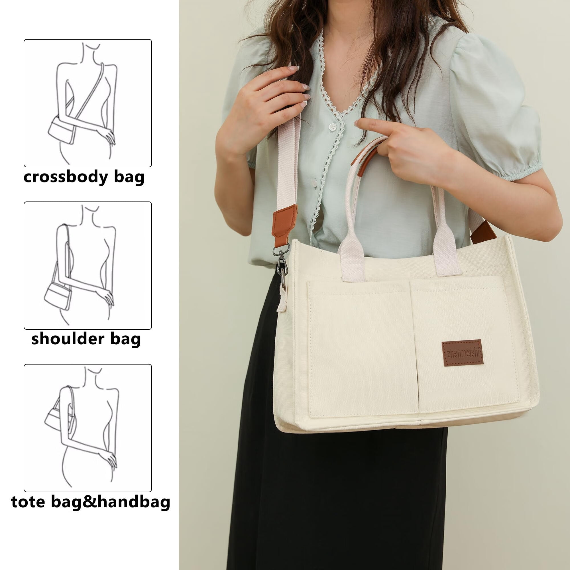 AOUNQ Canvas Tote Bag for Women Trendy Purse and Handbags Work Tote Bags with Pockets Crossbody Satchel Bag,Beige