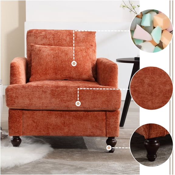 JERFIT Modern Chenille Accent Chair with Button Tufting and Studded Detail, Mid-Century Solid Wood Frame Lounge Armchair for Living Room, Bedroom, Office in Dark Orange