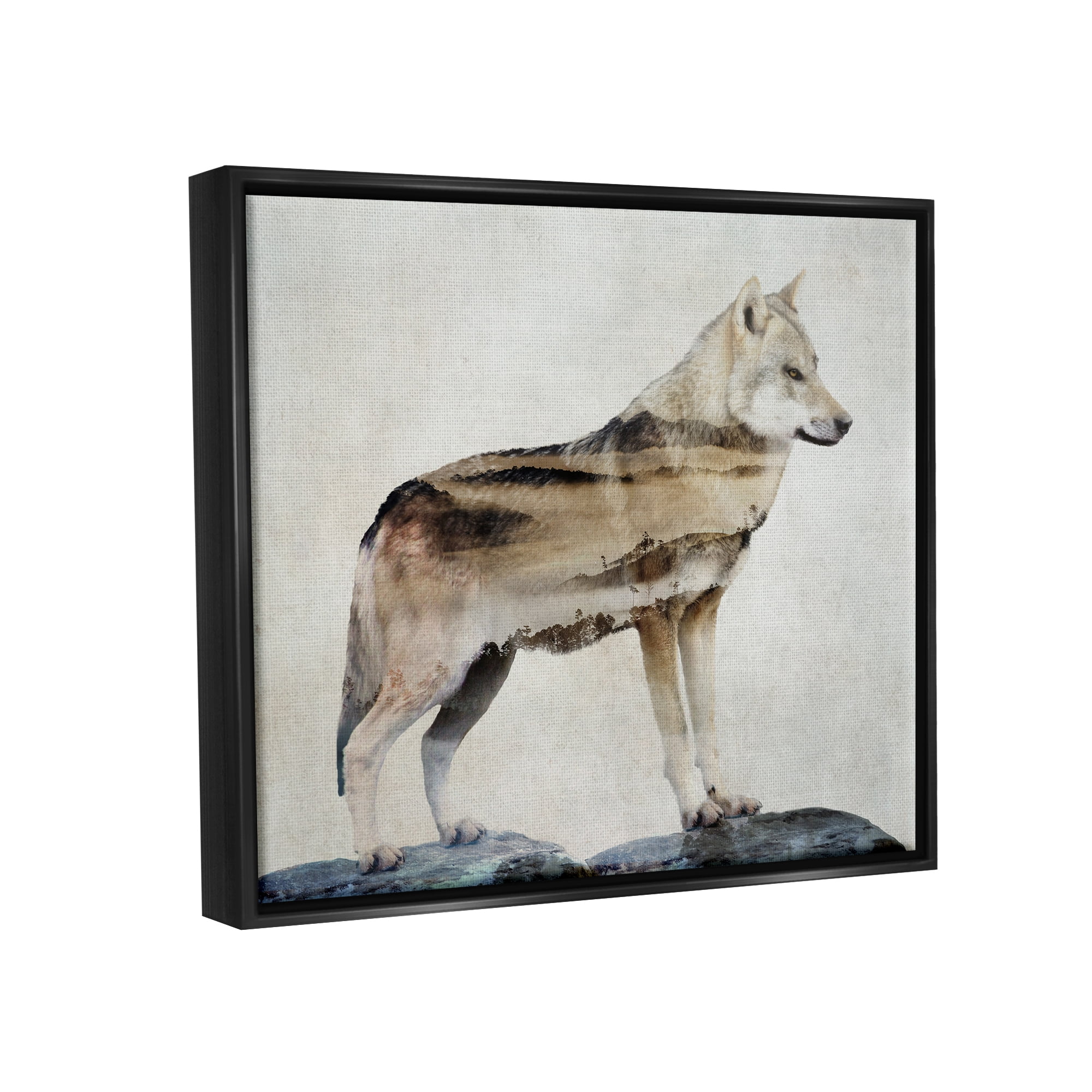 Stupell Wolf Silhouette Forest Nature Scenery Animals & Insects Painting Black Floater Framed Art Print Wall Art