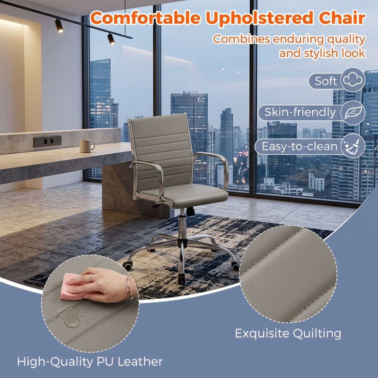Furnibear Height Adjustable Office Chair Conference Room Chair with Rocking Backrest and Armrests for Home Office Desk Work, Grey, Gray