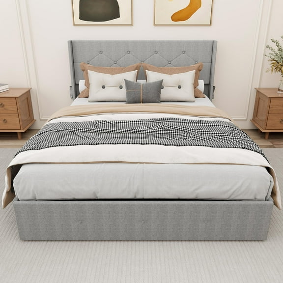 Yoneston Queen Size Lift Up Storage Bed Frame with Modern Wingback Headboard & USB Ports, No Box Spring Needed, Light Gray