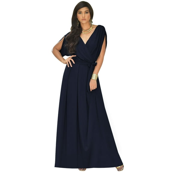 KOH KOH Long Bridesmaid Formal Short Sleeve V-Neck Full Floor Length Flowy Cocktail Summer Evening Wedding Guest Party Tall Maxi Dress Gown For Women Dark Navy Blue Large US 12-14 NT026