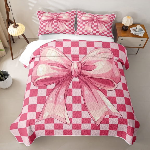 Erosebridal Girls Pink Bowknot Twin Quilt Set,Kids Geometric Grid Printed Twin Coverlet Set,2 Pieces